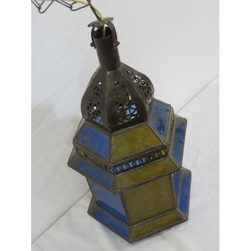 177 - Oriental style hanging hall light shade with coloured glass panels