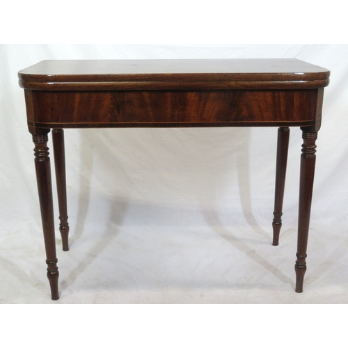 180 - Victorian heavy mahogany tea table with fold-over top, gateleg support, crossbanded frieze, on turne... 