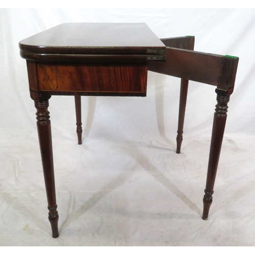 180 - Victorian heavy mahogany tea table with fold-over top, gateleg support, crossbanded frieze, on turne... 