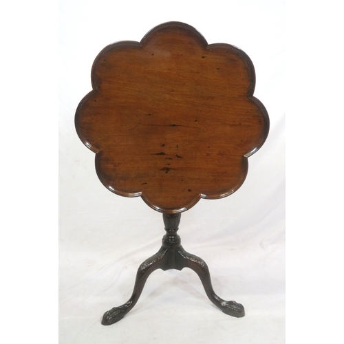 181 - Victorian mahogany table with tip-up top, scalloped borders, foliate carved baluster turned column, ... 