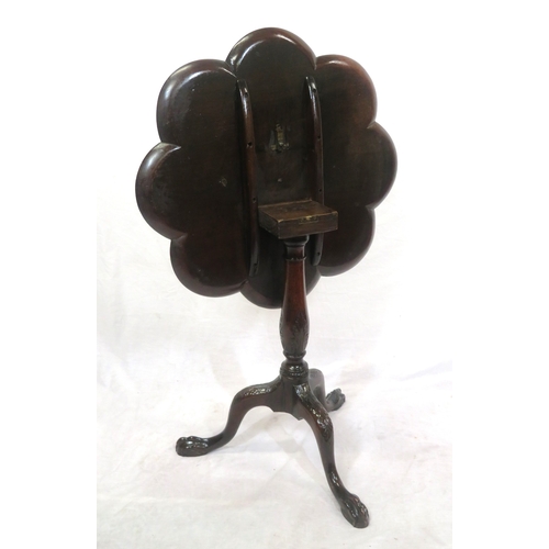 181 - Victorian mahogany table with tip-up top, scalloped borders, foliate carved baluster turned column, ... 