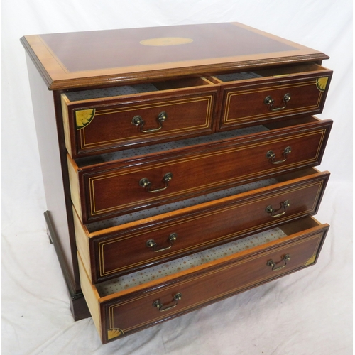 185 - Edwardian design inlaid & crossbanded mahogany chest of two short & three long drawers with satinwoo... 