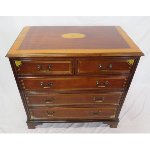 185 - Edwardian design inlaid & crossbanded mahogany chest of two short & three long drawers with satinwoo... 