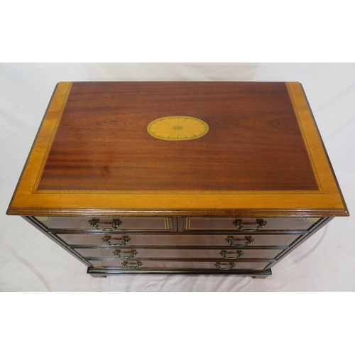 185 - Edwardian design inlaid & crossbanded mahogany chest of two short & three long drawers with satinwoo... 