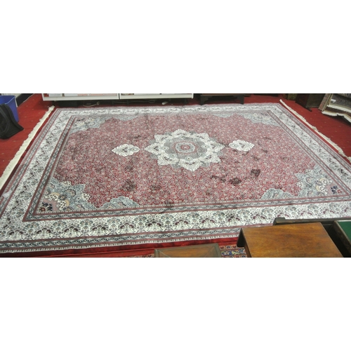 191 - Large full pile Turkish carpet red ground medallion design with hints of duck egg blue 410 x300cm