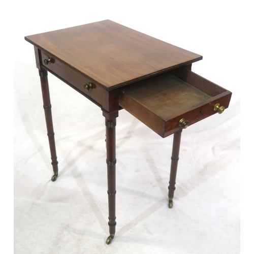 196 - Victorian mahogany hall or side table with side drawer, brass handles, turned tapering legs with cas... 