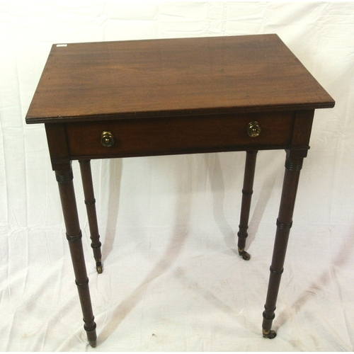 196 - Victorian mahogany hall or side table with side drawer, brass handles, turned tapering legs with cas... 