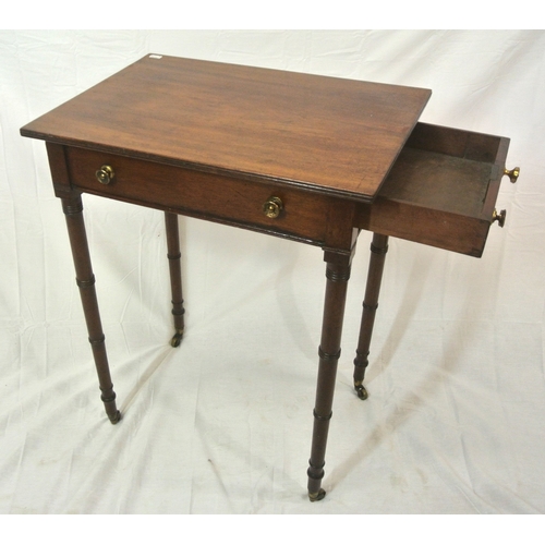 196 - Victorian mahogany hall or side table with side drawer, brass handles, turned tapering legs with cas... 