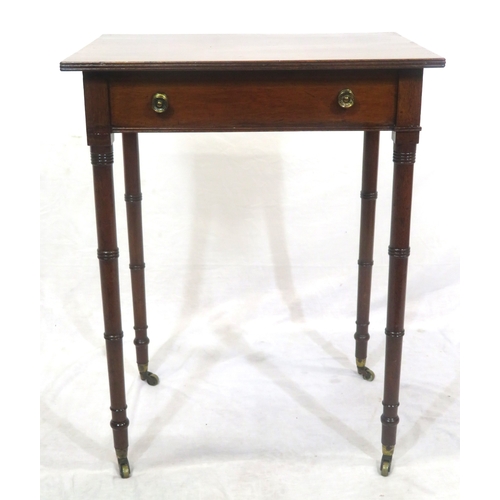 196 - Victorian mahogany hall or side table with side drawer, brass handles, turned tapering legs with cas... 