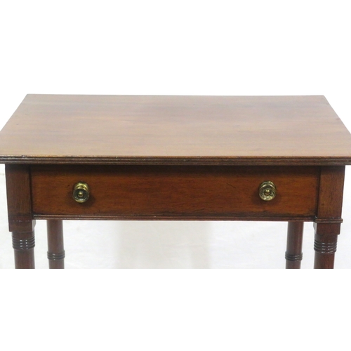 196 - Victorian mahogany hall or side table with side drawer, brass handles, turned tapering legs with cas... 