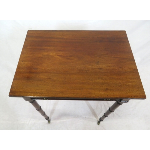 196 - Victorian mahogany hall or side table with side drawer, brass handles, turned tapering legs with cas... 