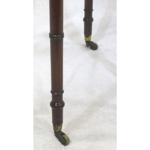 196 - Victorian mahogany hall or side table with side drawer, brass handles, turned tapering legs with cas... 