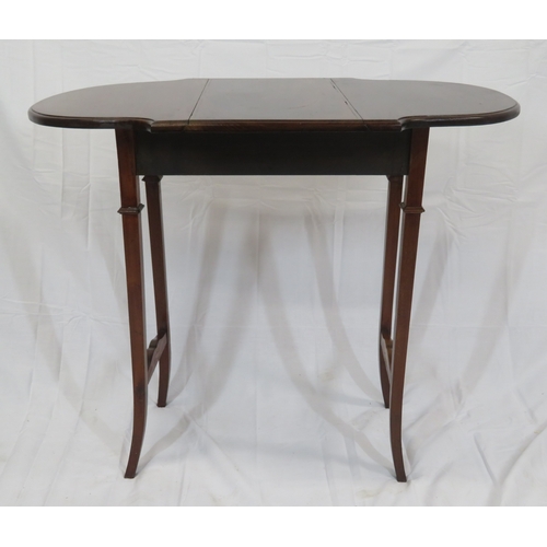 199 - Edwardian inlaid mahogany Pembroke table with D-shaped drop leaves, swivel top, gatelegs with stretc... 