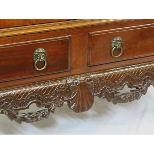 205 - Victorian mahogany chest on stand with ornate brass hinges & escutcheon, shelved interior, two drawe... 