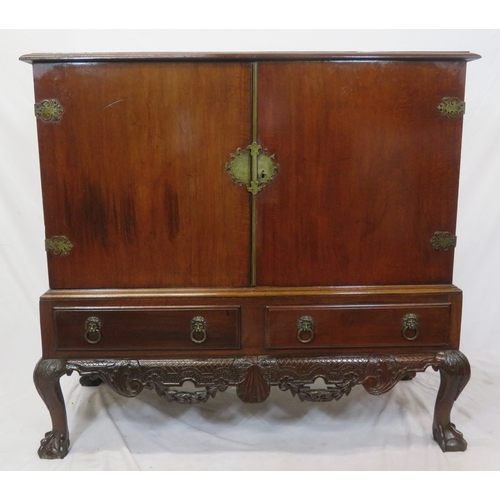 205 - Victorian mahogany chest on stand with ornate brass hinges & escutcheon, shelved interior, two drawe... 