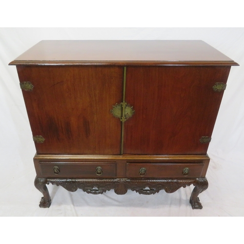 205 - Victorian mahogany chest on stand with ornate brass hinges & escutcheon, shelved interior, two drawe... 