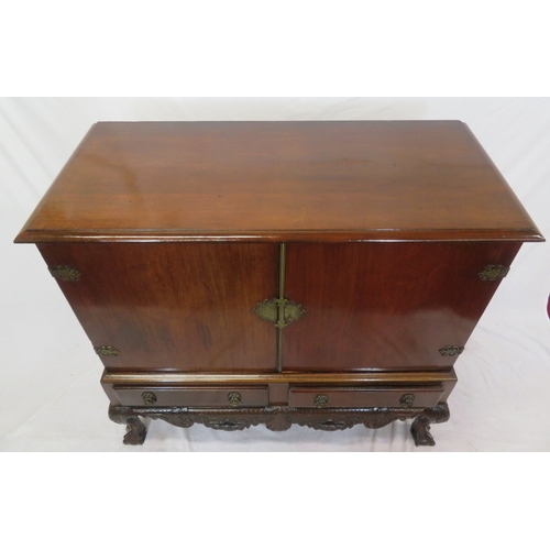 205 - Victorian mahogany chest on stand with ornate brass hinges & escutcheon, shelved interior, two drawe... 