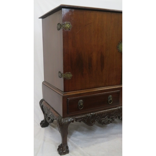 205 - Victorian mahogany chest on stand with ornate brass hinges & escutcheon, shelved interior, two drawe... 