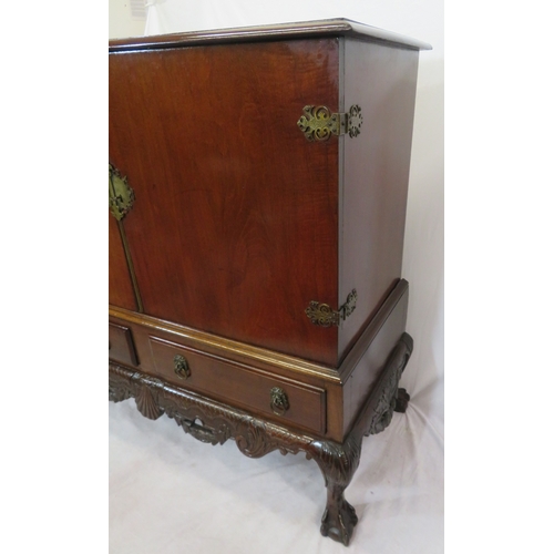 205 - Victorian mahogany chest on stand with ornate brass hinges & escutcheon, shelved interior, two drawe... 