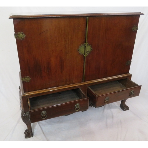 205 - Victorian mahogany chest on stand with ornate brass hinges & escutcheon, shelved interior, two drawe... 