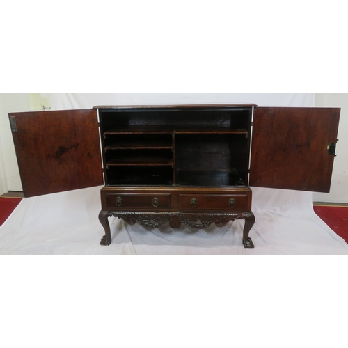 205 - Victorian mahogany chest on stand with ornate brass hinges & escutcheon, shelved interior, two drawe... 