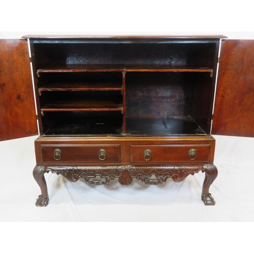 205 - Victorian mahogany chest on stand with ornate brass hinges & escutcheon, shelved interior, two drawe... 