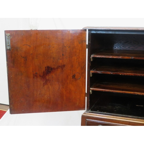 205 - Victorian mahogany chest on stand with ornate brass hinges & escutcheon, shelved interior, two drawe... 