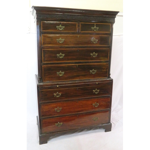 215 - Georgian inlaid & crossbanded mahogany chest on chest with dentil frieze, banded drawers with brass ... 