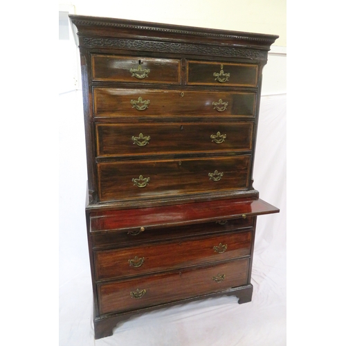 215 - Georgian inlaid & crossbanded mahogany chest on chest with dentil frieze, banded drawers with brass ... 