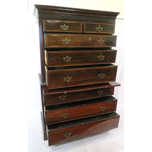 215 - Georgian inlaid & crossbanded mahogany chest on chest with dentil frieze, banded drawers with brass ... 