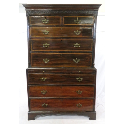 215 - Georgian inlaid & crossbanded mahogany chest on chest with dentil frieze, banded drawers with brass ... 