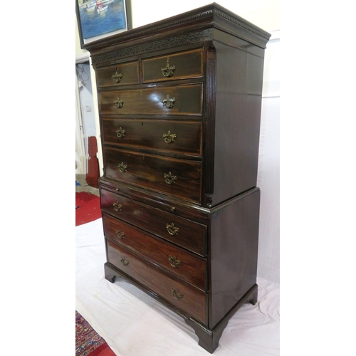 215 - Georgian inlaid & crossbanded mahogany chest on chest with dentil frieze, banded drawers with brass ... 