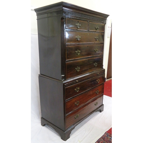 215 - Georgian inlaid & crossbanded mahogany chest on chest with dentil frieze, banded drawers with brass ... 