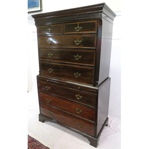 215 - Georgian inlaid & crossbanded mahogany chest on chest with dentil frieze, banded drawers with brass ... 