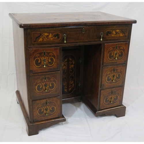 216 - William IV inlaid & crossbanded mahogany kneehole desk with ornate foliate inlay, brass teardrop han... 