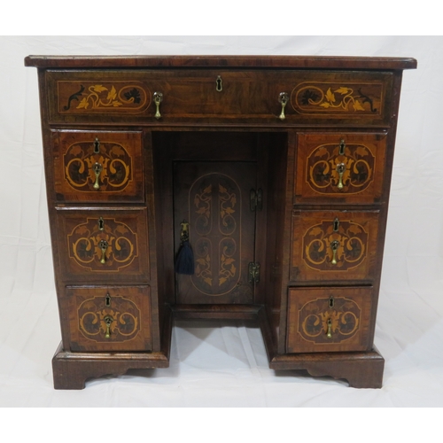 216 - William IV inlaid & crossbanded mahogany kneehole desk with ornate foliate inlay, brass teardrop han... 