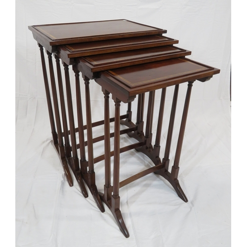 226 - Edwardian inlaid & crossbanded mahogany quartetto nest of tables with raised rims, spindle turned le... 