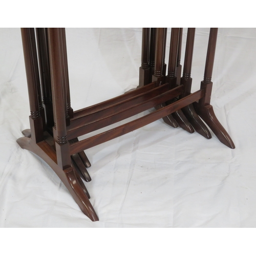 226 - Edwardian inlaid & crossbanded mahogany quartetto nest of tables with raised rims, spindle turned le... 