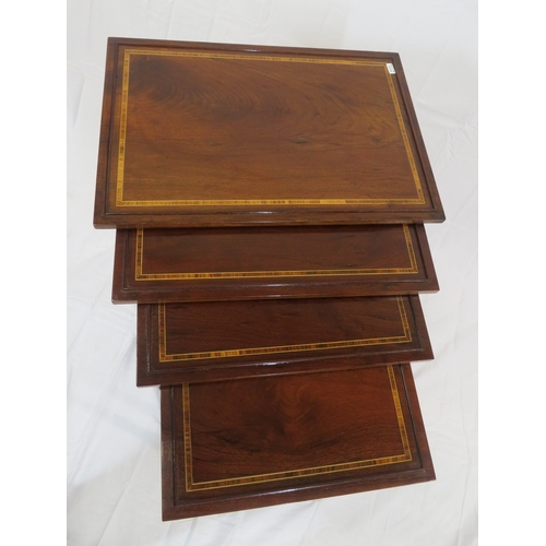 226 - Edwardian inlaid & crossbanded mahogany quartetto nest of tables with raised rims, spindle turned le... 