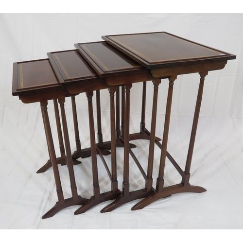 226 - Edwardian inlaid & crossbanded mahogany quartetto nest of tables with raised rims, spindle turned le... 