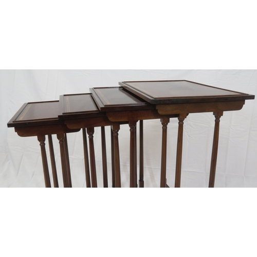 226 - Edwardian inlaid & crossbanded mahogany quartetto nest of tables with raised rims, spindle turned le... 