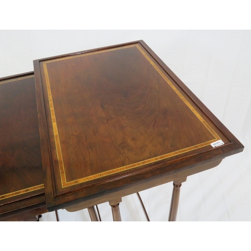 226 - Edwardian inlaid & crossbanded mahogany quartetto nest of tables with raised rims, spindle turned le... 