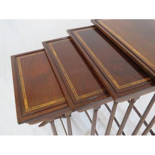 226 - Edwardian inlaid & crossbanded mahogany quartetto nest of tables with raised rims, spindle turned le... 