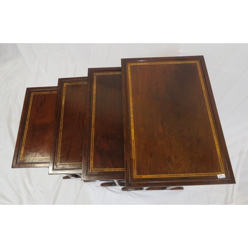 226 - Edwardian inlaid & crossbanded mahogany quartetto nest of tables with raised rims, spindle turned le... 