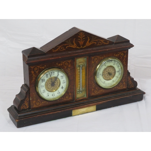 228 - Edwardian style inlaid walnut weather station with domed top, brass framed enamel dials and thermome... 