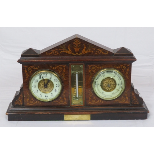 228 - Edwardian style inlaid walnut weather station with domed top, brass framed enamel dials and thermome... 