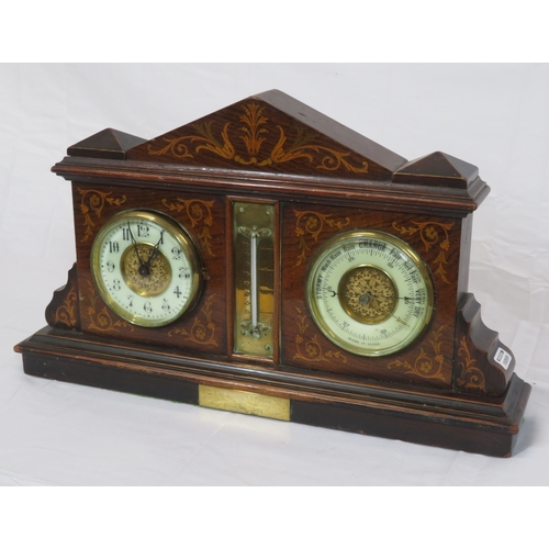 228 - Edwardian style inlaid walnut weather station with domed top, brass framed enamel dials and thermome... 