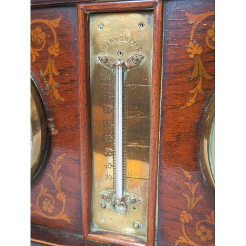 228 - Edwardian style inlaid walnut weather station with domed top, brass framed enamel dials and thermome... 