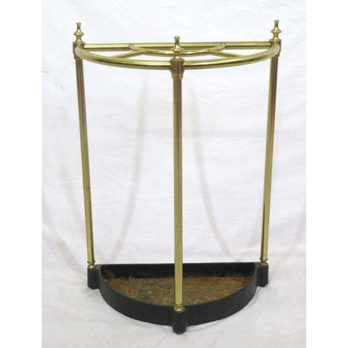 234 - Edwardian demi-lune brass umbrella & stick stand with shaped finials & tray