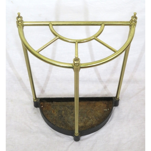 234 - Edwardian demi-lune brass umbrella & stick stand with shaped finials & tray